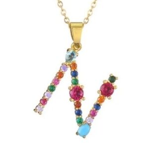 N Initial Pendant Necklace Rhinestones Gold Tone Chain